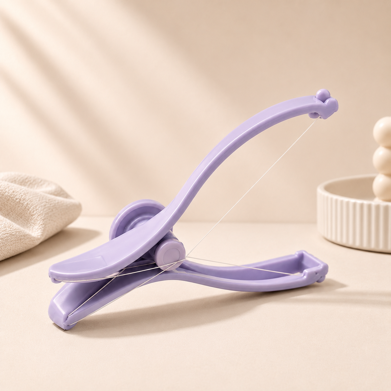 Threadle lavender brow threading tool on soft background